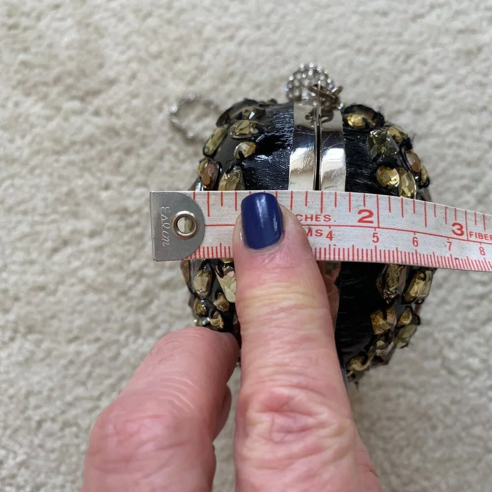 NWOT, bejeweled clamshell purse, chain strap, rhinestone clasp.